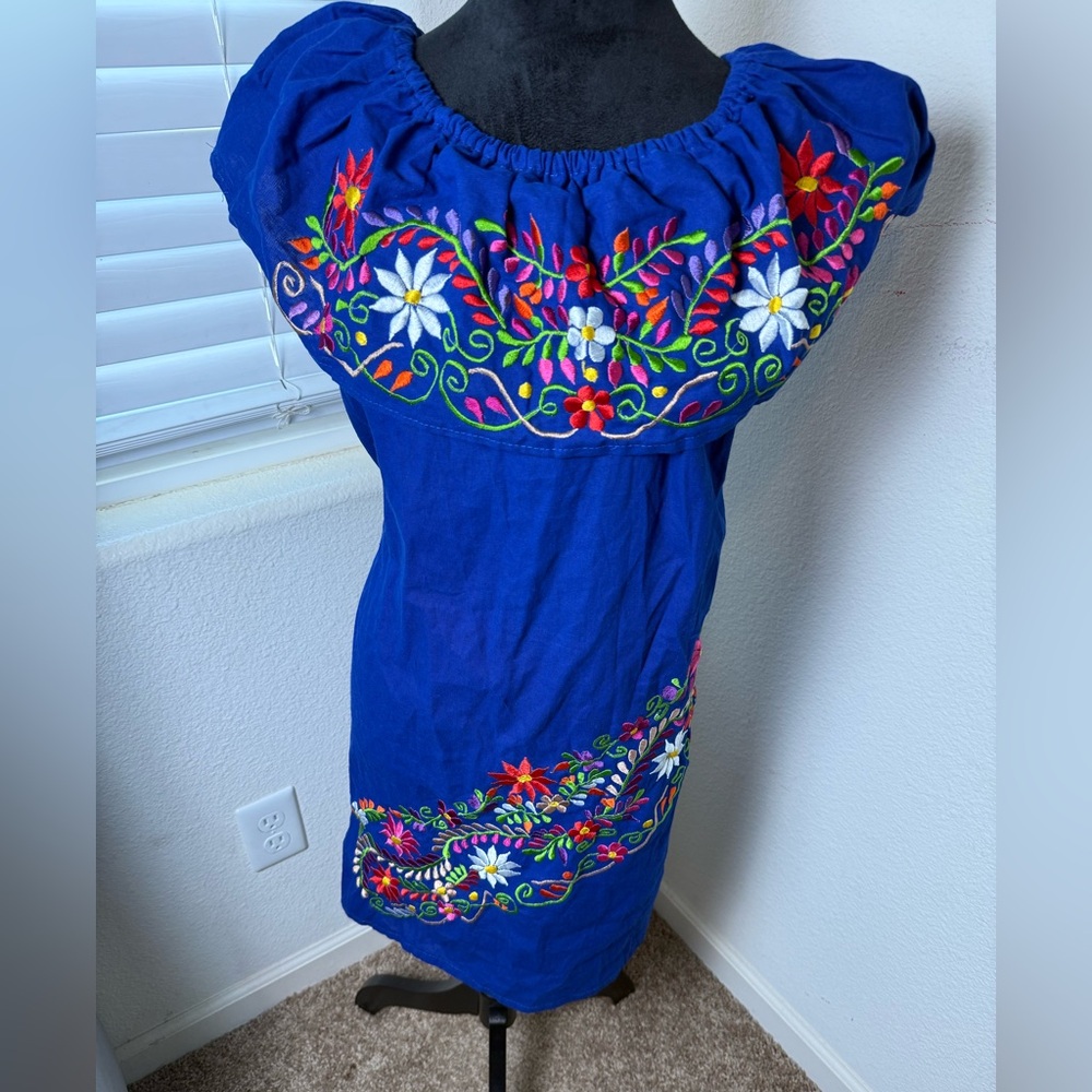Blue‎ Embroidered Dress with Floral Design